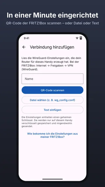 Router VPN: Verbindung hinzufügen mit QR-Code scannen, Datei wählen oder Text einfügen