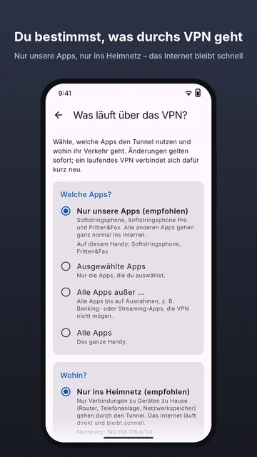 Router VPN: „Was läuft über das VPN?“ mit „Nur unsere Apps“ und „Nur ins Heimnetz“