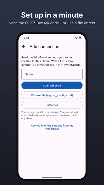 Router VPN: Add connection with Scan QR code, Choose file or Paste text