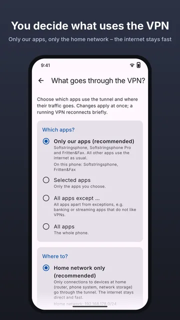 Router VPN: “What goes through the VPN?” with “Only our apps” and “Home network only”